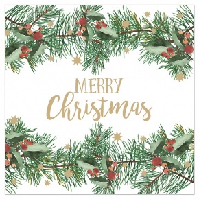 Artebene szalvéta (3-rét. 33x33 cm), Merry Christmas, fenyőágas, fehér karácsonyi (3)