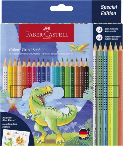 Faber-Castell Színesceruza készlet, GRIP 2001, 18db+3db metál+3db neon, matricával, dinós