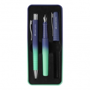 Faber-Castell POLY írószer szett (XB golyóstoll és töltőtoll) fémdobozban, zöld-kék