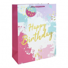 Eurowrap ajándéktasak (33x45,5x15 cm) Happy Birthday, rózsaszín, vízfesték hatású (6)
