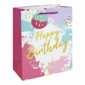 Eurowrap ajándéktasak (26,5x33x14 cm) Happy Birthday, rózsaszín, vízfesték hatású (6)