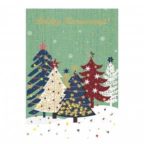 Üdvözlőlap "K" árkód,Színes fenyőfák