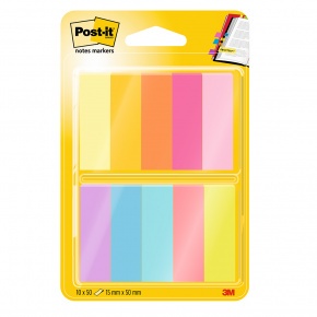 Post-it® Jelölőlapok, Vegyes Színek, 15 mm x 50 mm, 50 Lap/Tömb, 10 Tömb/Csomag, 100% PEFC, SGSCH-PEFC-COC-110078