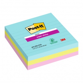 Post-it® Super Sticky Öntapadós Nagy Jegyzettömb, Cosmic Színkollekció, Vonalas, 101 mm x 101 mm, 70 Lap/Tömb, 3 Tömb/Csomag, 100% PEFC, SGSCH-PEFC-COC-110078