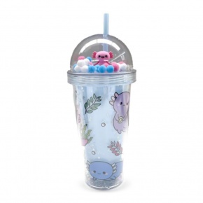 CUP82 Puckator pohár pompomos tetővel és szívószállal, 500ml, Axolotl