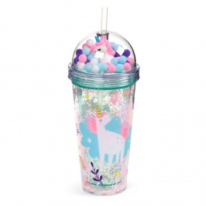 Puckator pohár pompomos tetővel és szívószállal, 500ml, unikornis varázslat