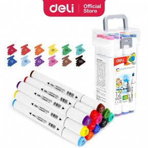 DELI Color Emotion Sketch Marker 12 db-os kétvégű kerek és vágott heggyel, háromszög test, alkoholos