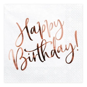 PartyDeco szalvéta 33x33cm, 3-rétegű, 20db, fehér, rosegold Happy Birthday