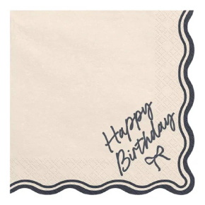 PartyDeco szalvéta 33x33cm, 2-rétegű, 12db, bézs, fekete masnival, Happy Birthday