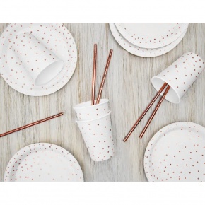 PartyDeco tányér (6db, 18cm) fehér, rosegold pöttyös