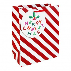 Eurowrap ajándéktasak (26,5x33x14 cm) piros-fehér csíkos, Merry Christmas /12 kar. (5)