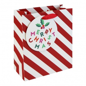 Eurowrap ajándéktasak (21,5x25x10 cm) piros-fehér csíkos, Merry Christmas /12 kar. (5)