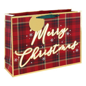 Eurowrap ajándéktasak (fekvő, 44x32,5x13 cm) Merry Christmas, skót kockás karácsonyi (6)