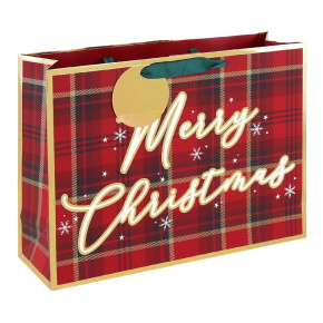 Eurowrap ajándéktasak (fekvő, 37x27,5x11,8 cm) Merry Christmas,skót kockás karácsonyi (6)