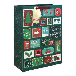 Eurowrap ajándéktasak (33x45,5x15 cm) zöld, karácsonyi pecsétek karácsonyi (6)