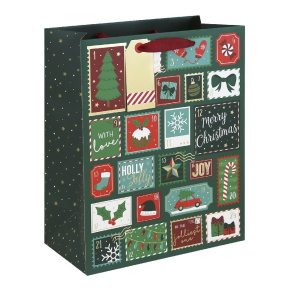 Eurowrap ajándéktasak (26,5x33x14 cm) zöld, karácsonyi pecsétek karácsonyi (6)