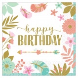 Amscan szalvéta (16db, 33x33 cm) virágok, levelek Boho Birthday